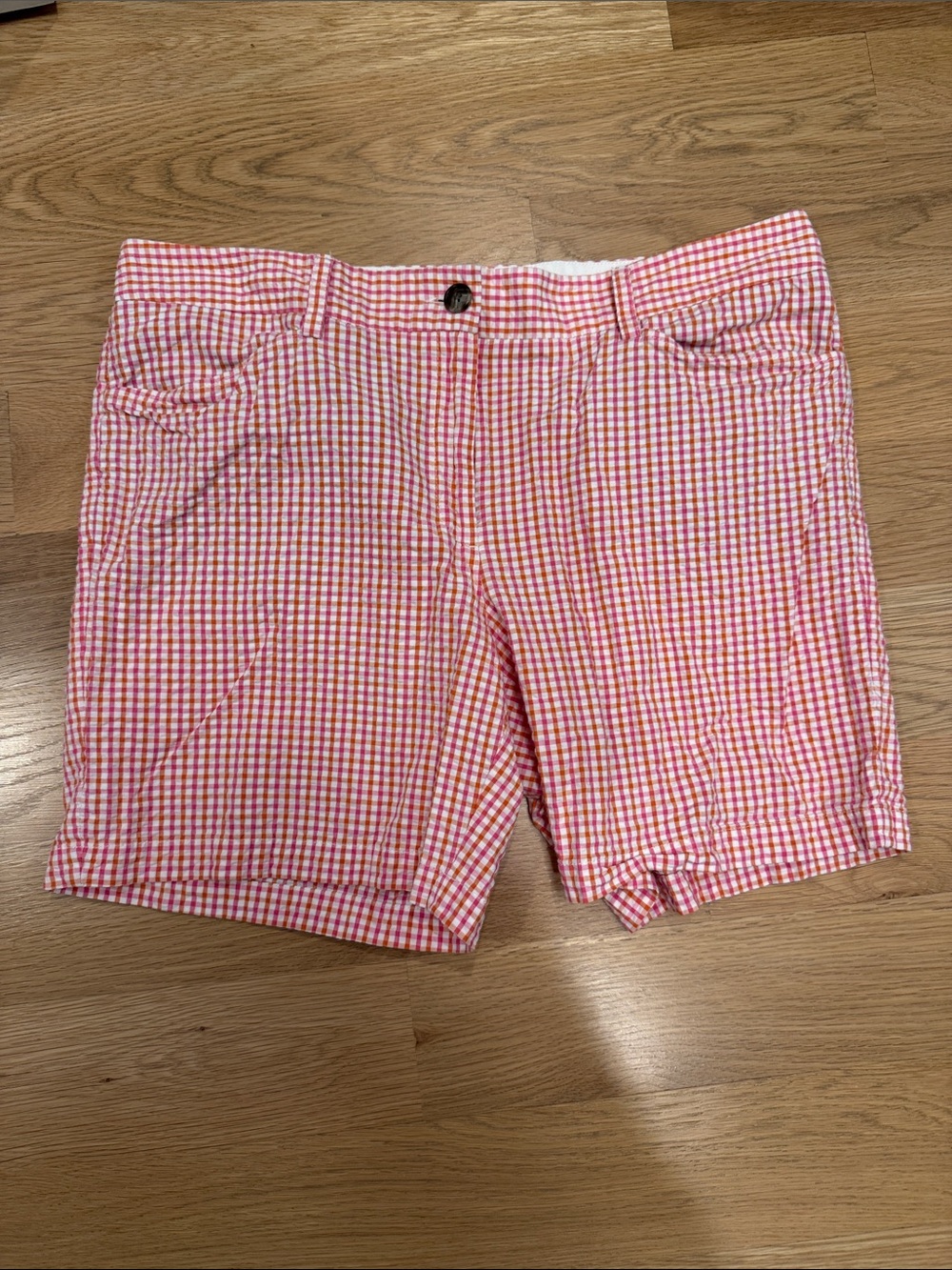 Lands' End Pink, Orange and White Gingham Shorts 7 inch inseam size 16